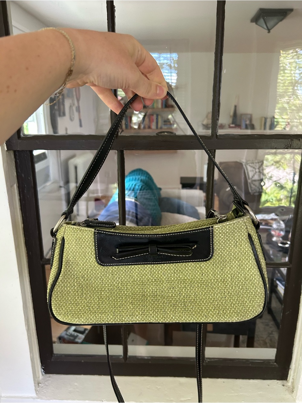 Vintage Kate Spade Green Woven Shoulder Bag with Black Trim